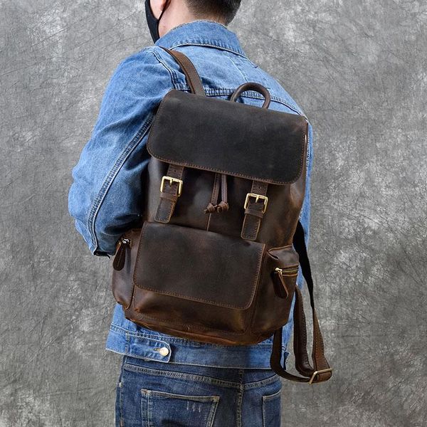

backpack crazy horse genuine leather men vintage cow women daypack 14" lapschool bags casual thick travel rucksack