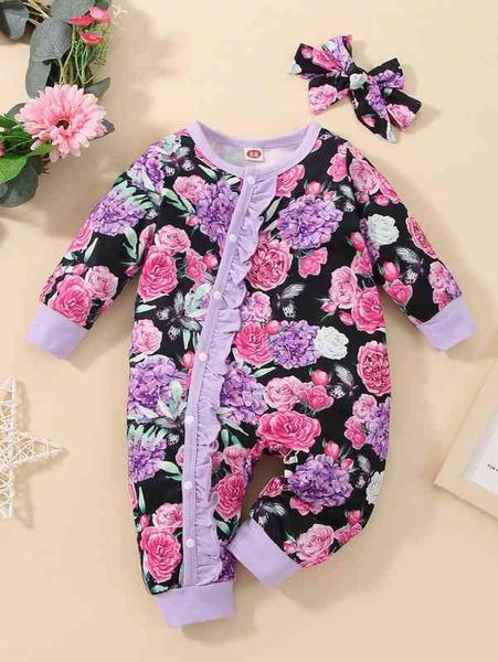 

baby floral print frilled jumpsuit & headband she, Blue