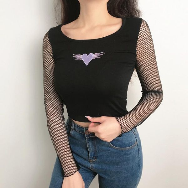 

women's t-shirt y2k women cropped heart shape embroidery t shirt summer mesh sleeve patchwork tee femme crop 2021, White