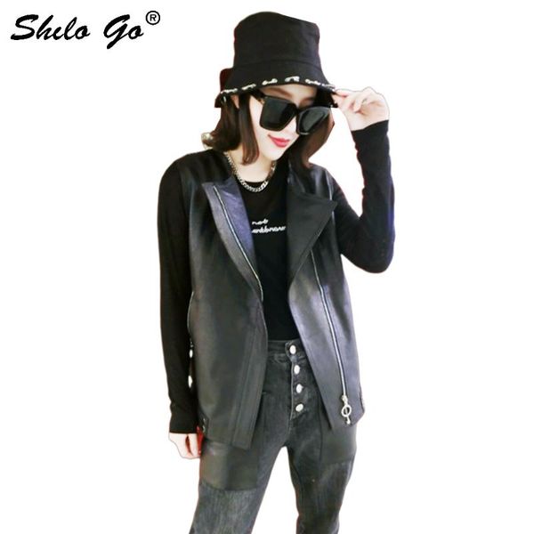 

women's vests genuine leather vest streetwear turn dwon collar zip front coat women autumn casual sleeveless side pocket outwear, Black;white