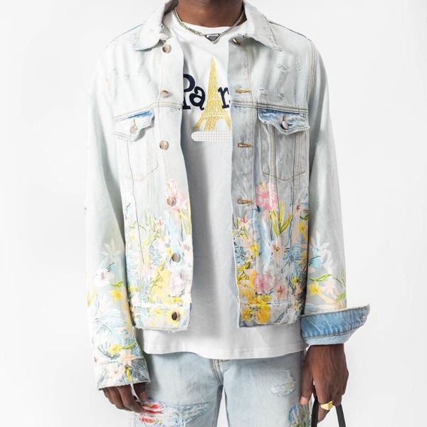 

men's jackets american streetwear casual denim long sleeve jacket light blue men abstract art floral print mens, Black;brown