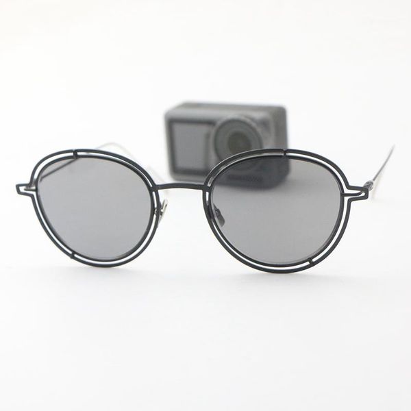 

light flat lens double metal black men's sunglasses gray blue film women's small frame glasses, White;black