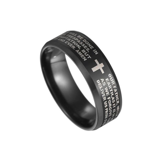 

stainless steel black color jesus cross ring letter bible prayer finger rings for men 8mm amulet jewelry cluster, Golden;silver