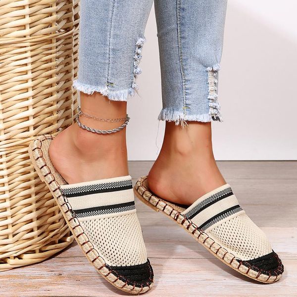 

slippers women's rope woven flat sandals mesh breathable hollow shoes outdoor leisure beach non-slip, Black