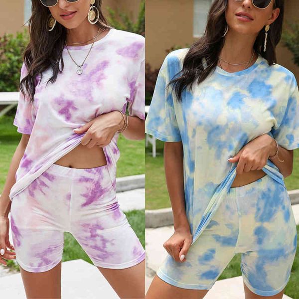 

t shirt tie dye women short sleeve loose and biker shorts casual two piece set streetwear outfits tracksuits, White