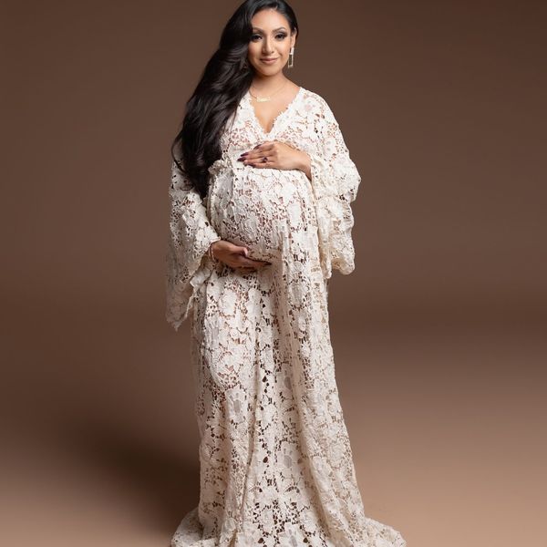 

v neck pregnant women's prom dress maternity lace long sleeve robes for p shoot or baby shower luxury plus size gowns, Black