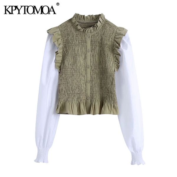 

women fashion patchwork smocked elastic cropped blouses vintage long sleeve ruffled female shirts chic 210420, White