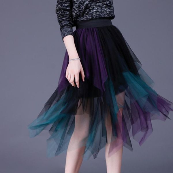 

skirts irregular hem mesh tutu fashion elastic high waist long tulle skirt women elegant party, Black