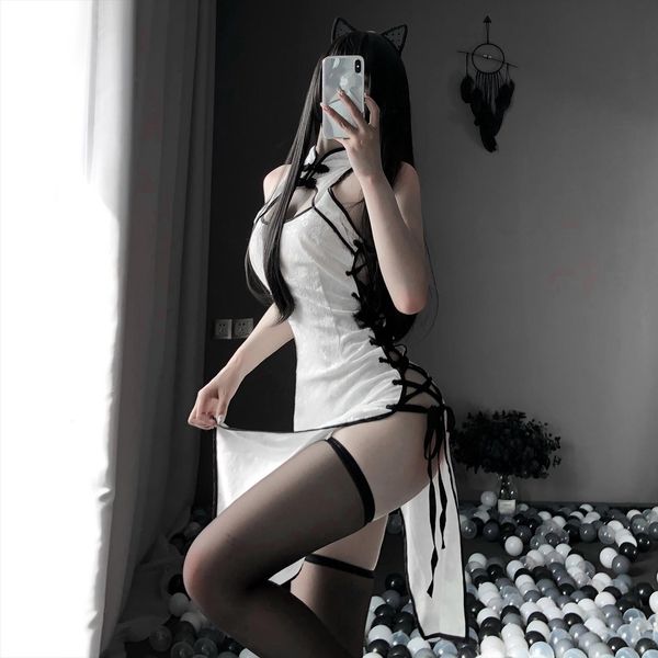 

retro cheongsam nightgowns high open womens sleepwears fork cosplay costume erotic anime lingerie dress lace outfit fancy slim uniform, Black;red