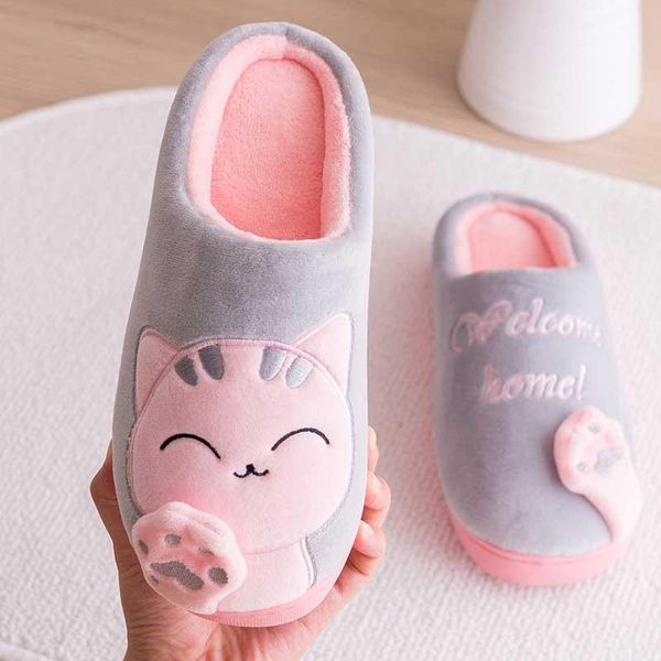 

winter indoor warm house slippers couples bedroom cartoon cat non-slip soft bottom women and men home furry, Black