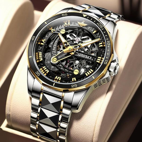 

wristwatches oupinke luxury skeleton mechanical wrist automatic watch men sapphire glass tungsten steel waterproof business sport, Slivery;brown
