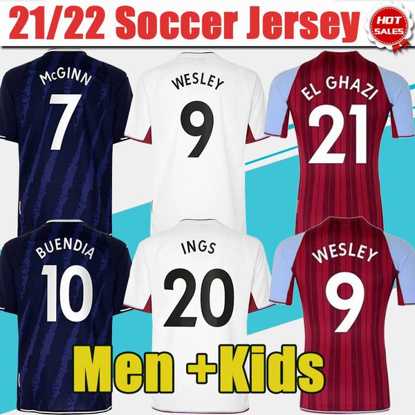 

men kids #9 wesley home soccer jerseys 21/22 #10 buendia away white soccer shirts #21 el ghazi #17 m.trezeguet 3rd blue short sleeve footbal, Black;yellow