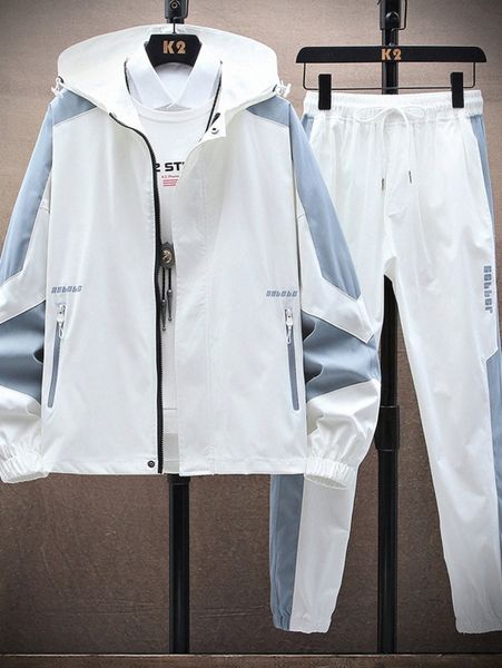 

men letter graphic two tone hooded jacket & pants without k1ms#, Gray