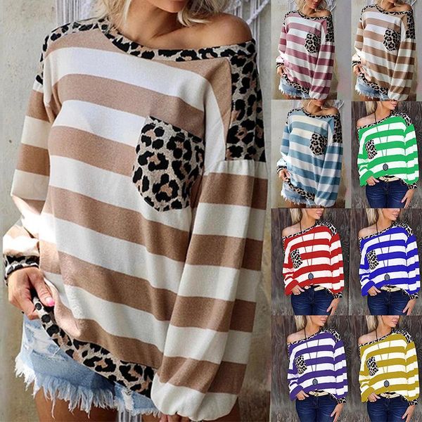 

women's t-shirt olomlb autumn winter fashion loepard o neck long sleeve women t shirt loose casual pocket striped oversized ladies, White