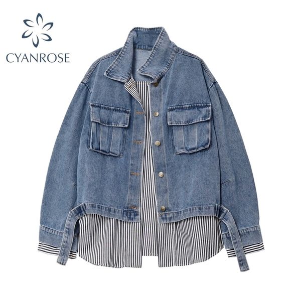 

denim jacket women fake two pieces patchwork striped shirt boyfriend long sleeve loose casual jean coat autumn female outerwear 210515, Black;brown