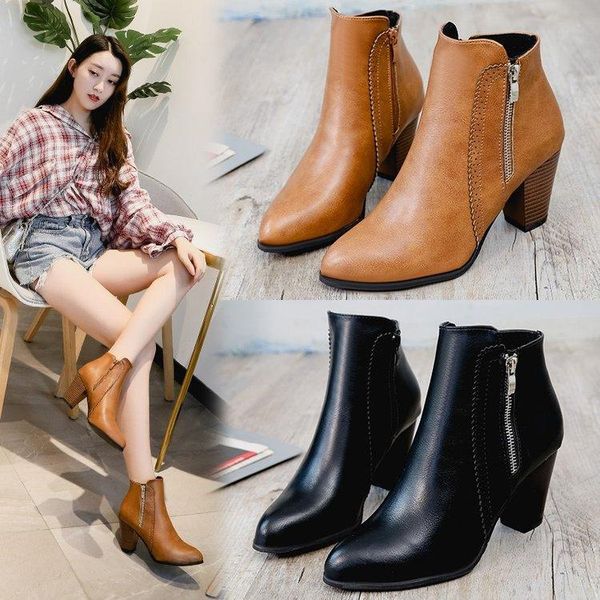 

boots women's fashion explosion models autumn and winter european american retro brushed thick heel side zipper short, Black