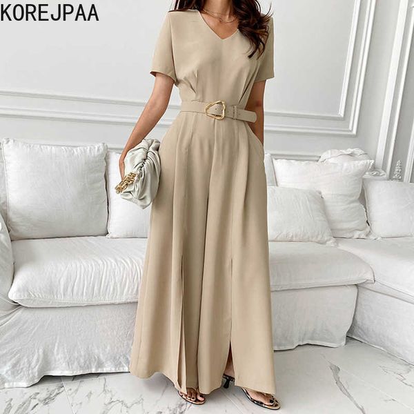 

korejpaa women jumpsuits summer korean chic temperament v-neck slim high-waisted straight split wide-leg jumpsuit 210526, Black;white