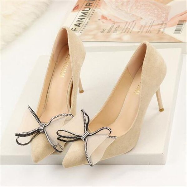 

size 34-41 cut-outs sweet bowtie women pumps arrival concise solid flock pointed toe shallow high heels shoes for dress, Black