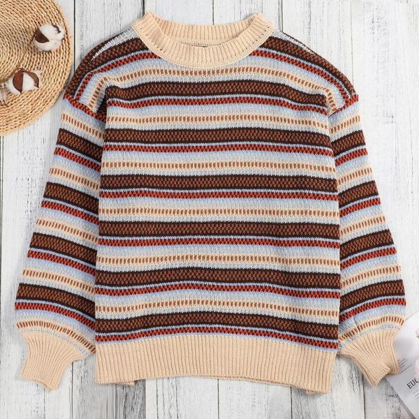 

women's sweaters casual pullover sweater striped print color matching knitted oversized long sleeve o neck women pull femme 40#, White;black
