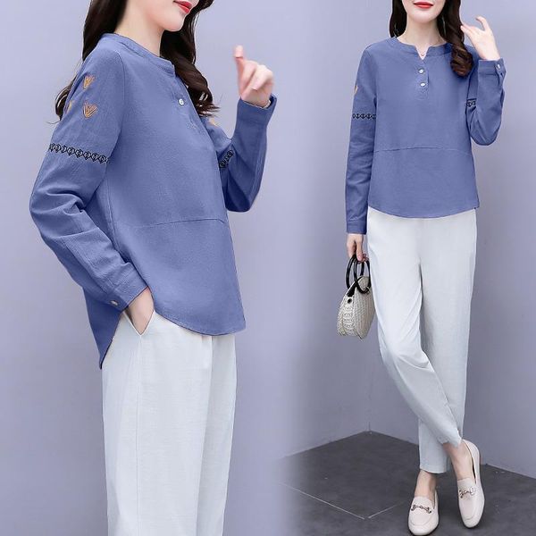 

women's tracksuits 2021 cotton and linen long-sleeved t-shirt pink ladies two-piece suit v-neck stitching embroidery elastic waist, Gray