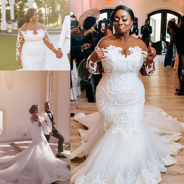 

african nigerian mermaid wedding dresses 2022 illusion long sleeve lace floral sheer neck plus size garden bridal dress vestido de noiva, White