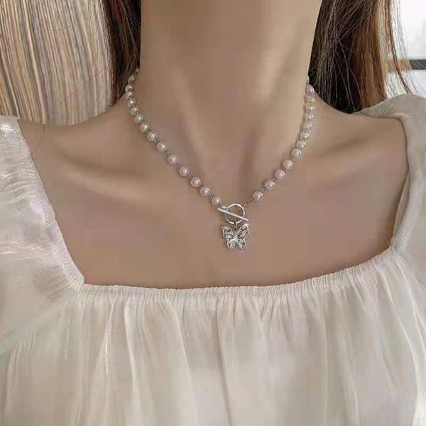 

pendant necklaces pearl butterfly necklace light luxury aesthetics niche clavicle silver plated jewelry women