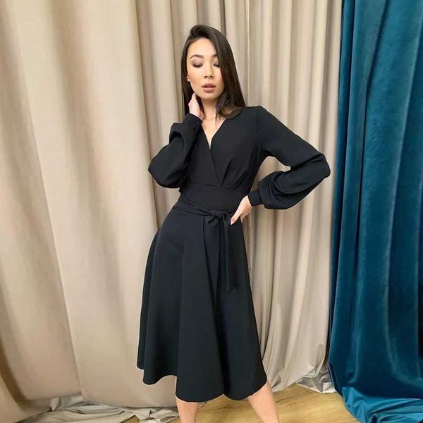

casual dresses elegant lantern sleeve dress 2021 fashion women for party office ladies v-neck a-line midi autumn clothing, Black;gray