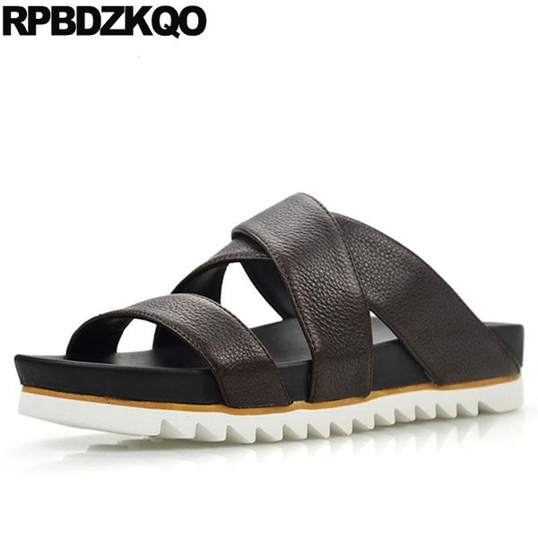 

sandals platform summer fashion slides genuine leather soft designer shoes men flat slippers slip on, Black