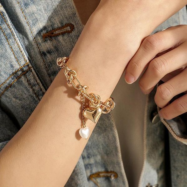 

link, chain zinc alloy 2021 fashion ladies bracelets jewelry love heart pearl or shape buckle tassel thick for women, Black
