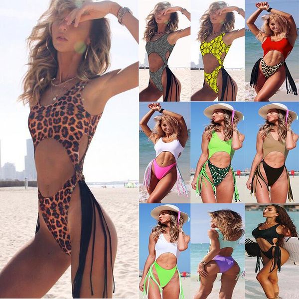 

women's one piece printed bikini metal buckle side tassels bathing suit swimwear one-piece suits