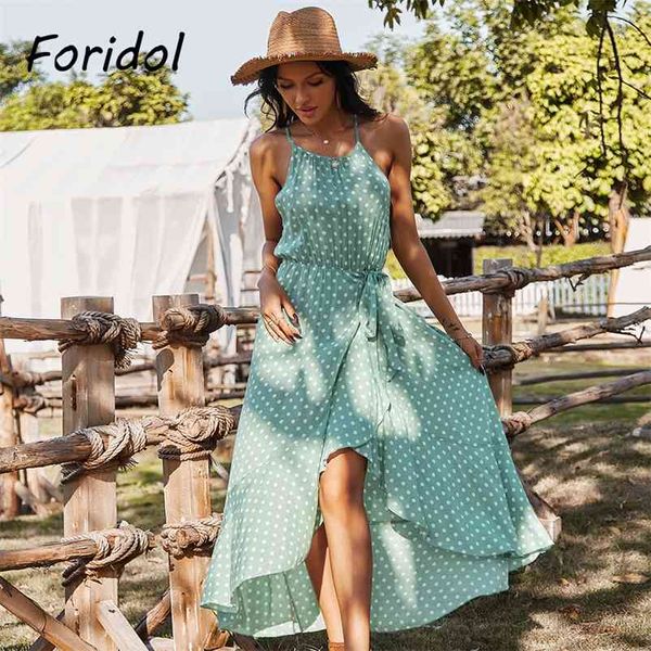 Foridol Abito lungo senza maniche a pois Donna Spaghetti Strap Backless Fessura Ruffle Maxi Abito estivo Beach Boho Abito in cotone 210415