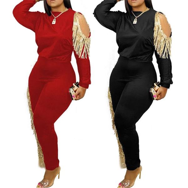 

two piece dress echoine off shoulder fringe long sleeve and pants set jogging femme black women tracksuit sweat suits, White