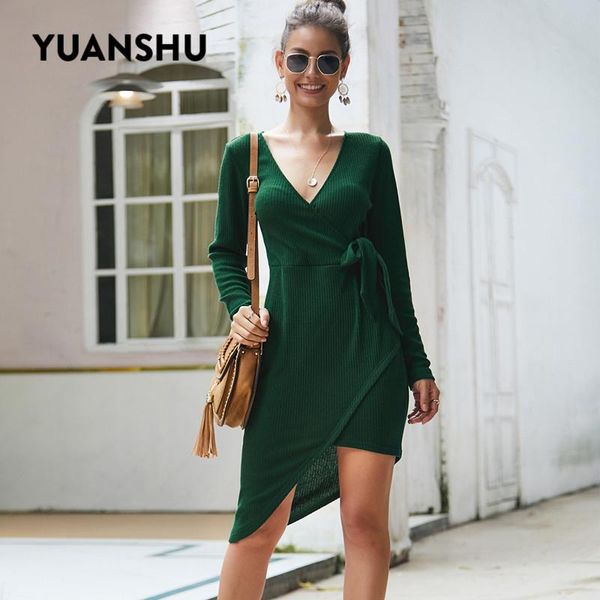 

casual dresses yuanshu autumn winter women bodycon cross v neck mini dress female long sleeve sash knitted sweater, Black;gray