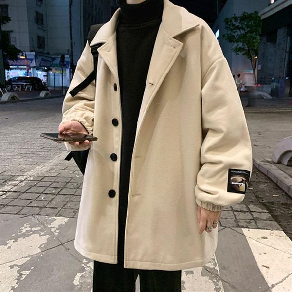 

men's wool & blends fashion trends woolen overcoat mens coat 2021 autumn winter jacket loose lapel korean style trendy coats, Black
