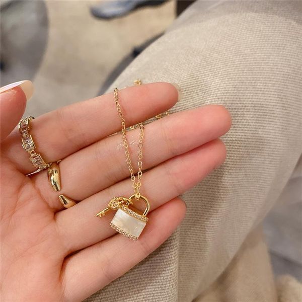 

gentle style small fresh and simple golden lock key pendant necklace retro alloy wild personality clavicle chain necklaces, Silver