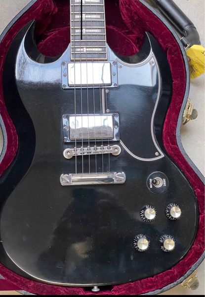 

tony lommi signature sg black electric guitar china emg pickups, iron cross pearl inlay, grover tuners, chrome hardware