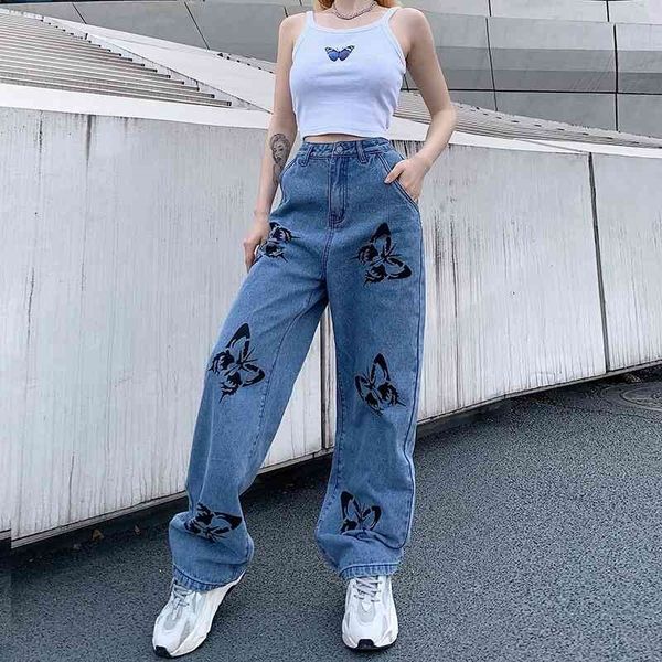 Mola Vintage Jeans Y2K Mulher Calças Long Calças Cowboy Feminino Solta Streetwear Cintura Selvagem Pernas Selvagens Borboleta Pants 210515