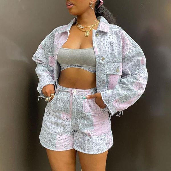 

women's tracksuits women floral suits long sleeve pockets autumn blended polyester geometric turn-down collar button casual coat short, Gray