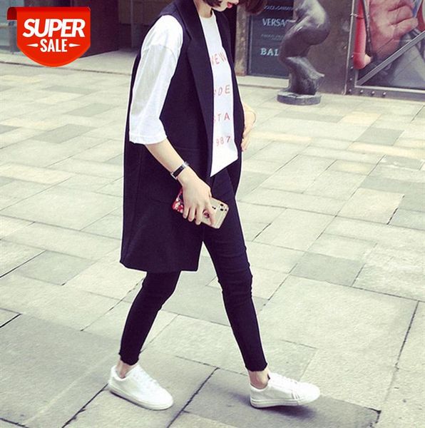 

606-0035 temperament ol mid-length vest women korean style western collar loose sleeveless jacket waistcoat without button #m87j, Black;gray