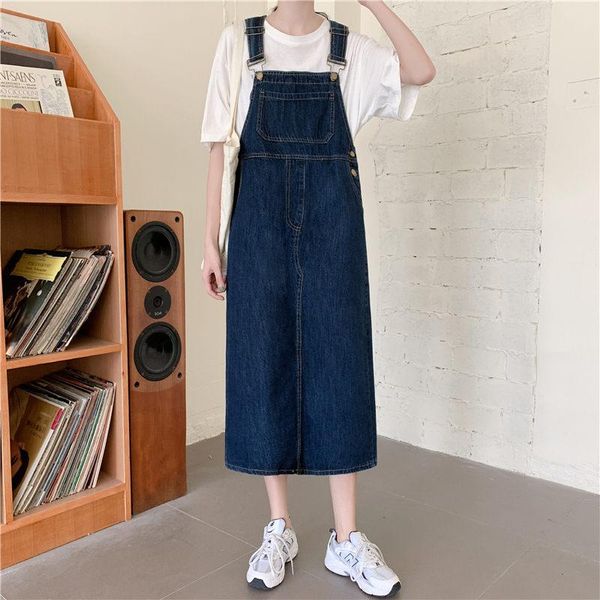 

casual dresses large size s-5xl women's denim strap dress spring autumn 2021 dark blue big pocket female mid-length suspender aq972, Black;gray