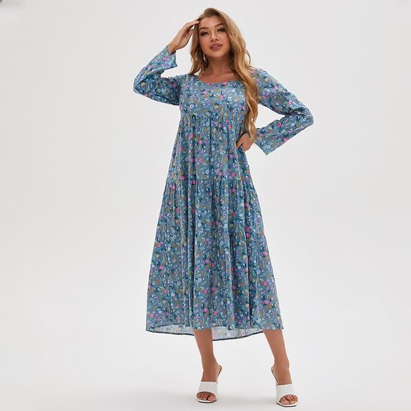 

dress autumn new blue small broken flower long sleeve dress round neck bohemian casual dress, Black;red