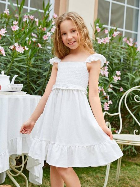 

girls eyelet embroidery trim shirred ruffle hem dress she, Red;yellow