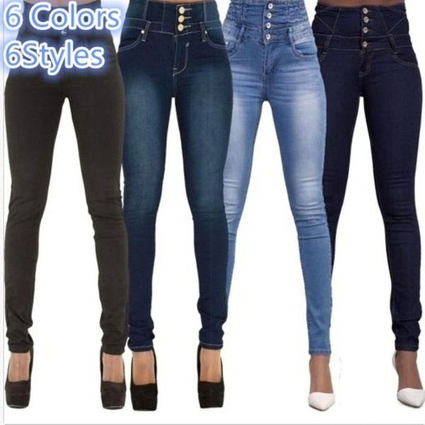 

women's jeans slim long waisted tight fashion pants denim high casual button, Blue