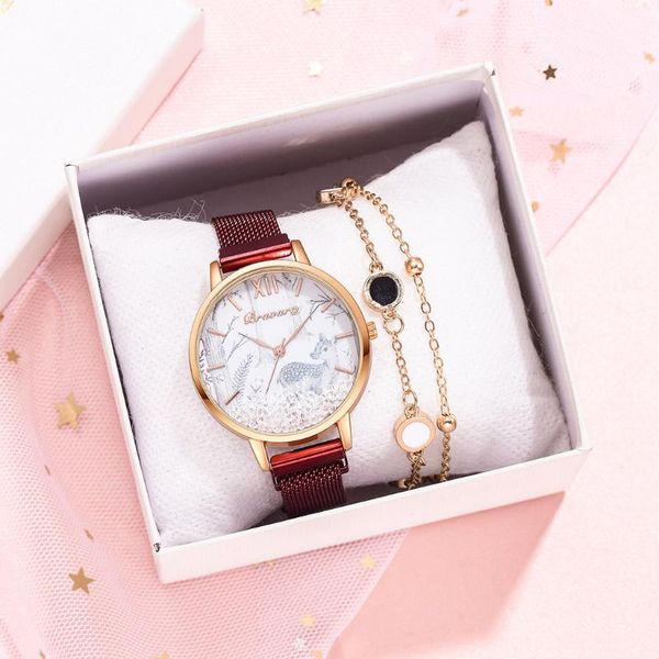 

quartz watch deer pattern dial women with ball bearing cool feminine clock bracelet alloy mesh belt style montre femme wristwatches, Slivery;brown