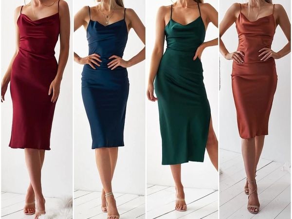 

casual dresses glamorous street style solid color knee-length cami spaghetti strap cowl neck natural waist sleeveless dress, Black;gray