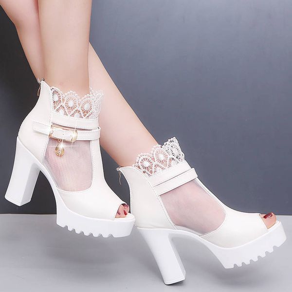 

2022 women bootspeep toe summer high heelsmesh lace platforms shoessquare heel sandalshollow outblackwhitedropshipping, Black