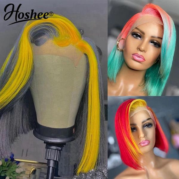 

pre plucked grey red yellow highlight lace front human hair wigs with baby part wig ombre short bob for women, Black;brown
