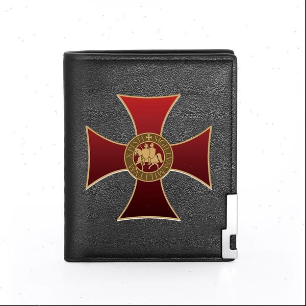 

vintage classic knights templar cross printing pu leather wallet men cool bifold credit card holder short purse male, Red;black
