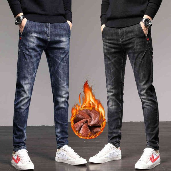 

2021 new stretch slim fit pants men's winter plush thick warm jeans, Blue