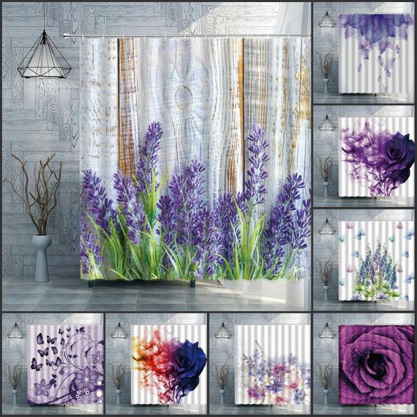

purple flower shower curtains lavender green plants butterfly waterproof polyester fabric bathroom bath curtain home decoration